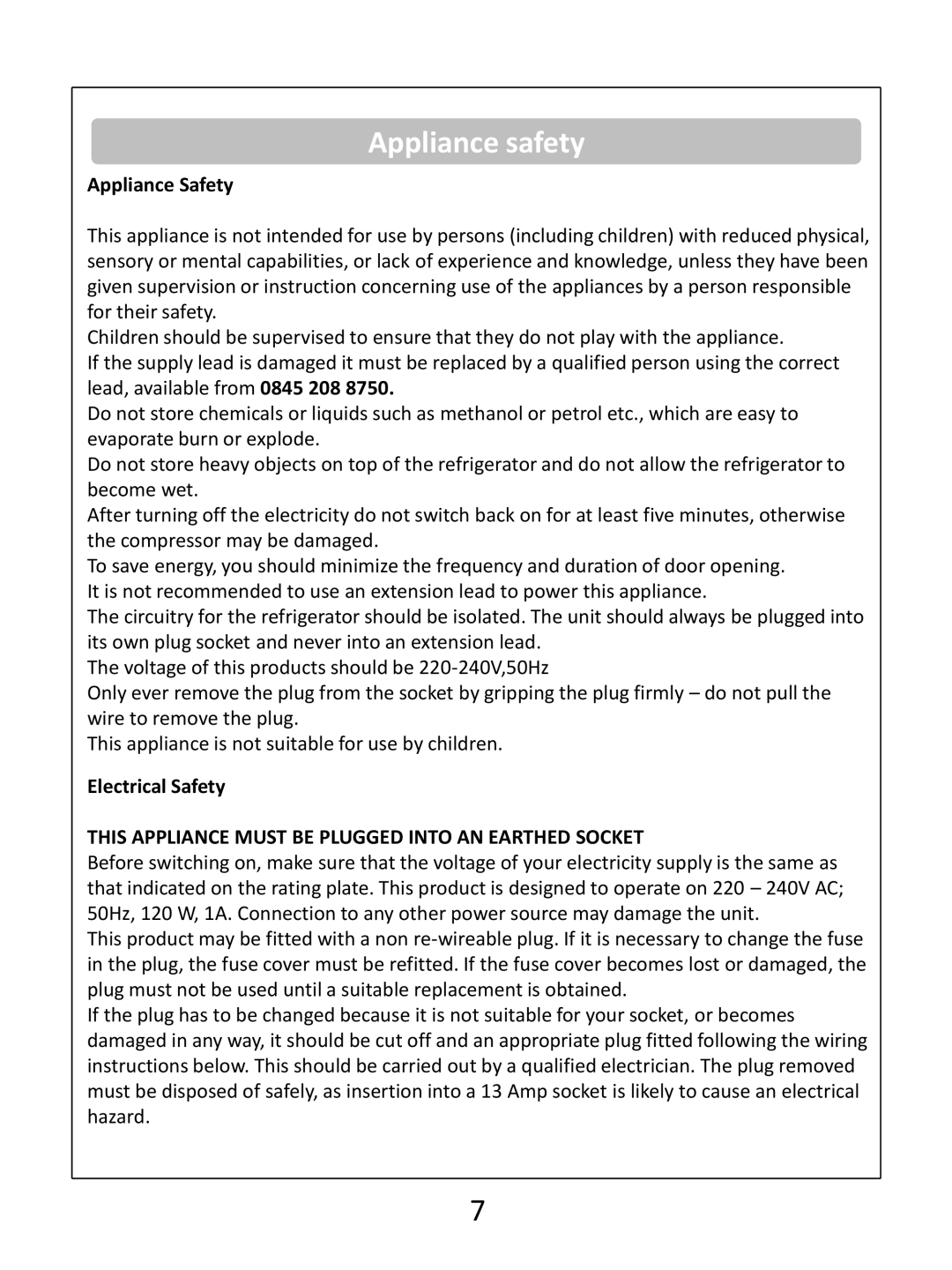 Russell Hobbs RHUCFF48(B) instruction manual Appliance safety, Appliance Safety, Electrical Safety 