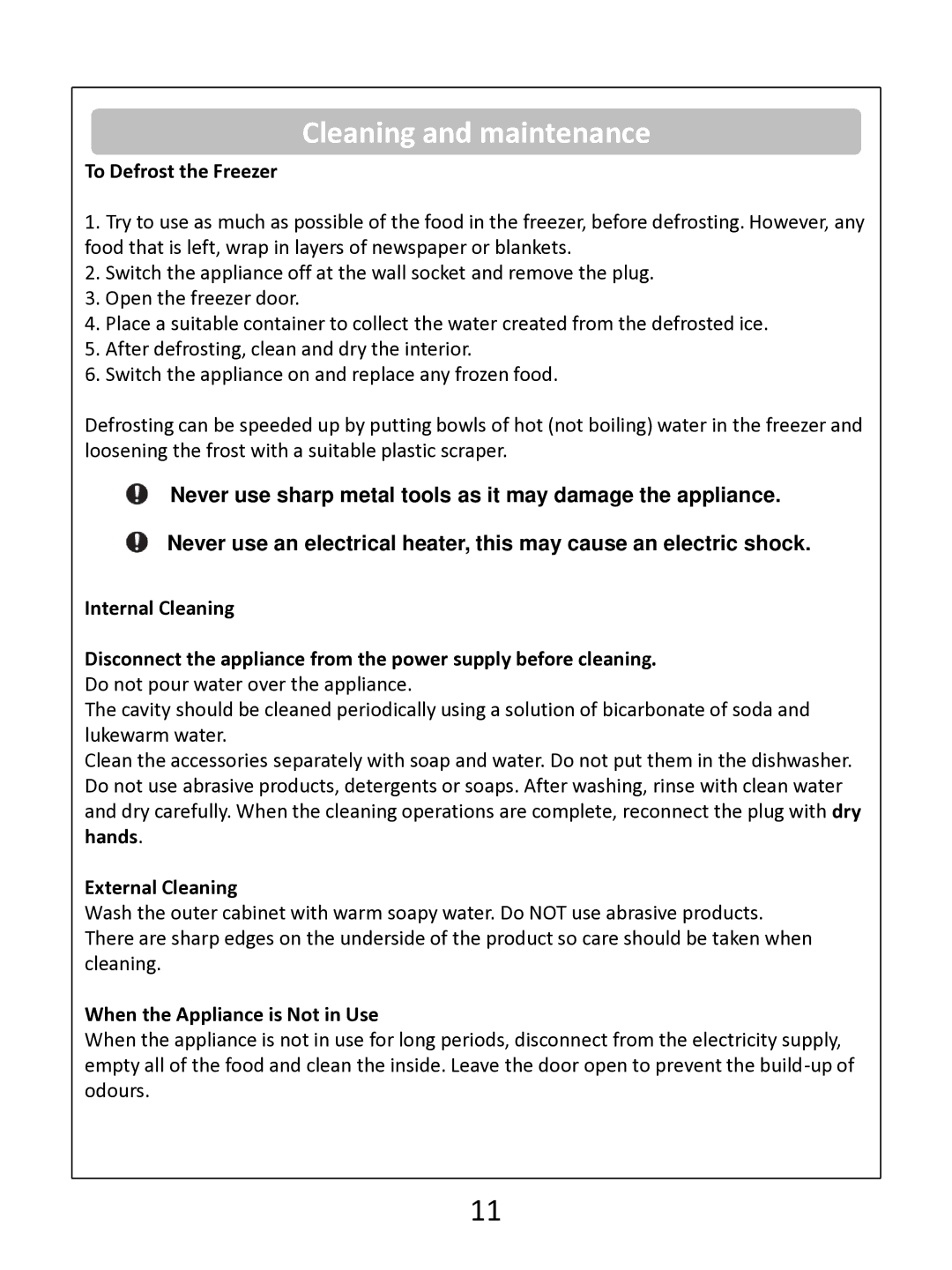 Russell Hobbs RHUCFZ55(B) instruction manual Cleaning and maintenance, To Defrost the Freezer, External Cleaning 