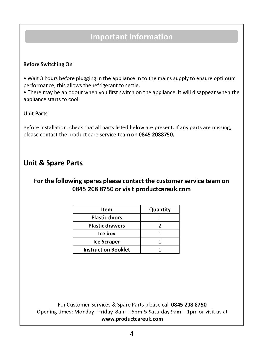 Russell Hobbs RHUCFZ55(B) instruction manual Important information, Before Switching On, Unit Parts, Quantity 