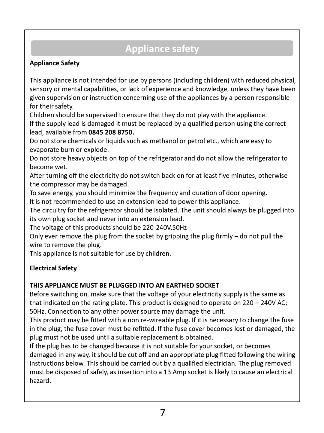 Russell Hobbs RHUCFZ55(B) instruction manual Appliance safety, Appliance Safety, Electrical Safety 