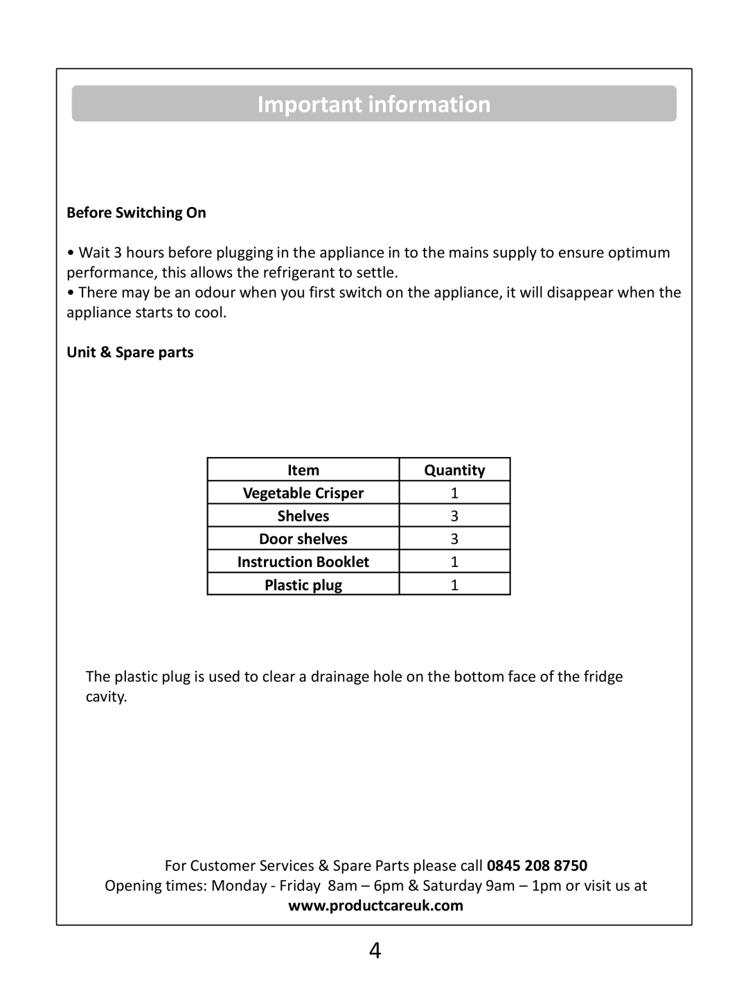 Russell Hobbs RHUCLF55(B) instruction manual Important information, Before Switching On, Unit & Spare parts Quantity 