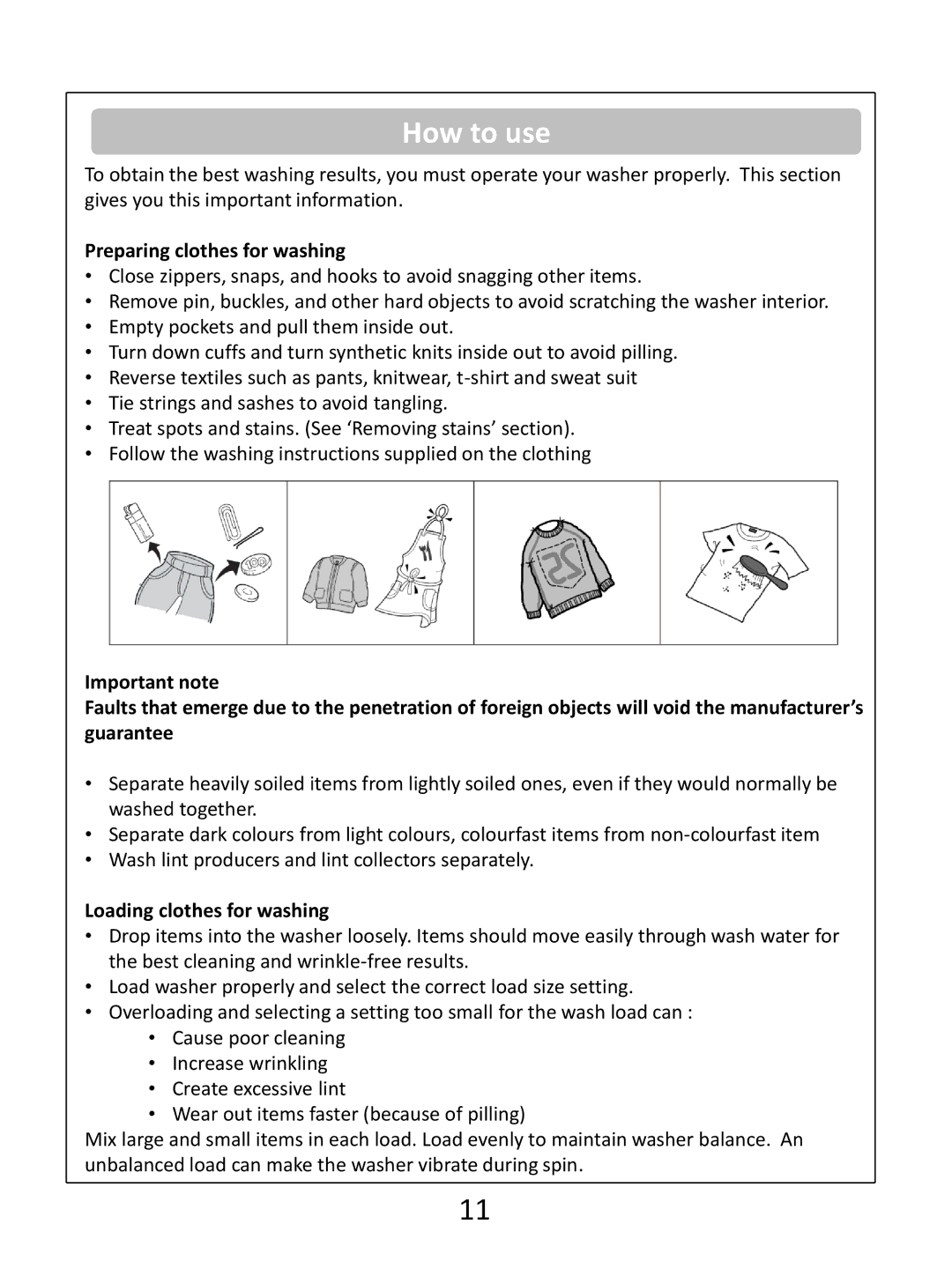 Russell Hobbs RHWM61200B instruction manual How to use, Preparing clothes for washing, Loading clothes for washing 