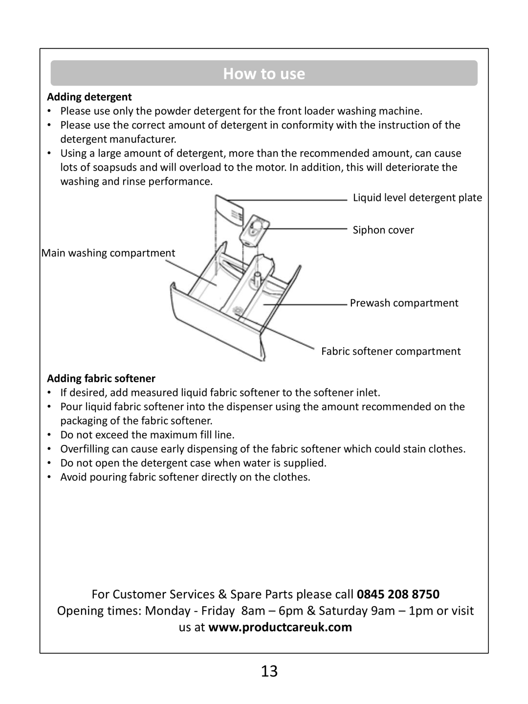 Russell Hobbs RHWM61200B instruction manual Adding detergent, Adding fabric softener 