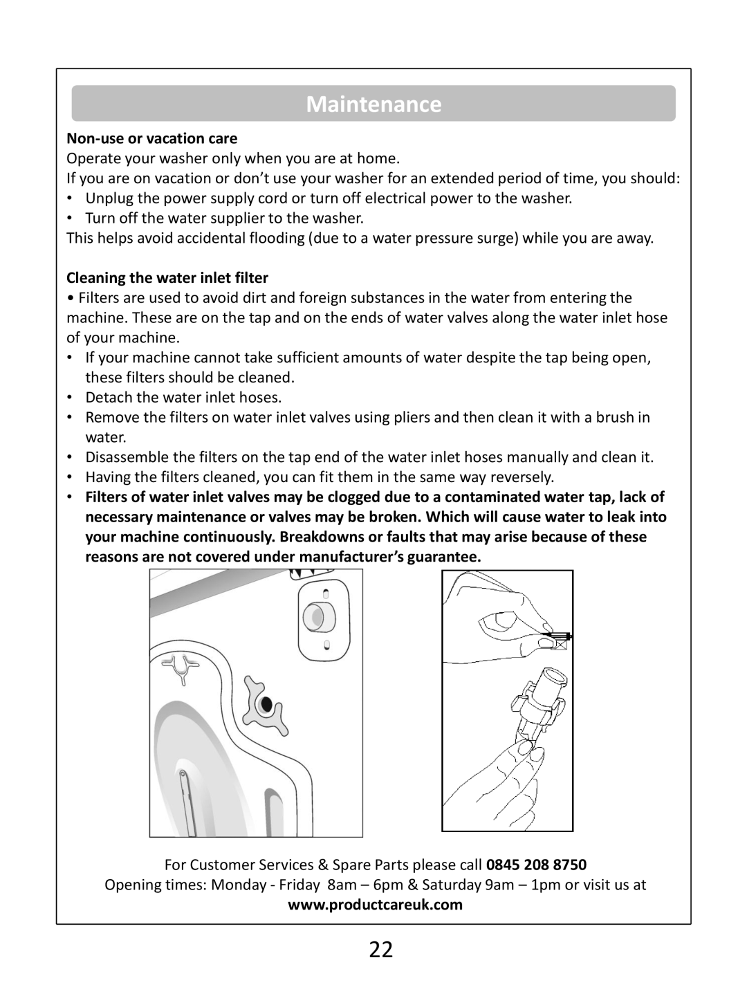 Russell Hobbs RHWM61200B instruction manual Non-use or vacation care, Cleaning the water inlet filter 