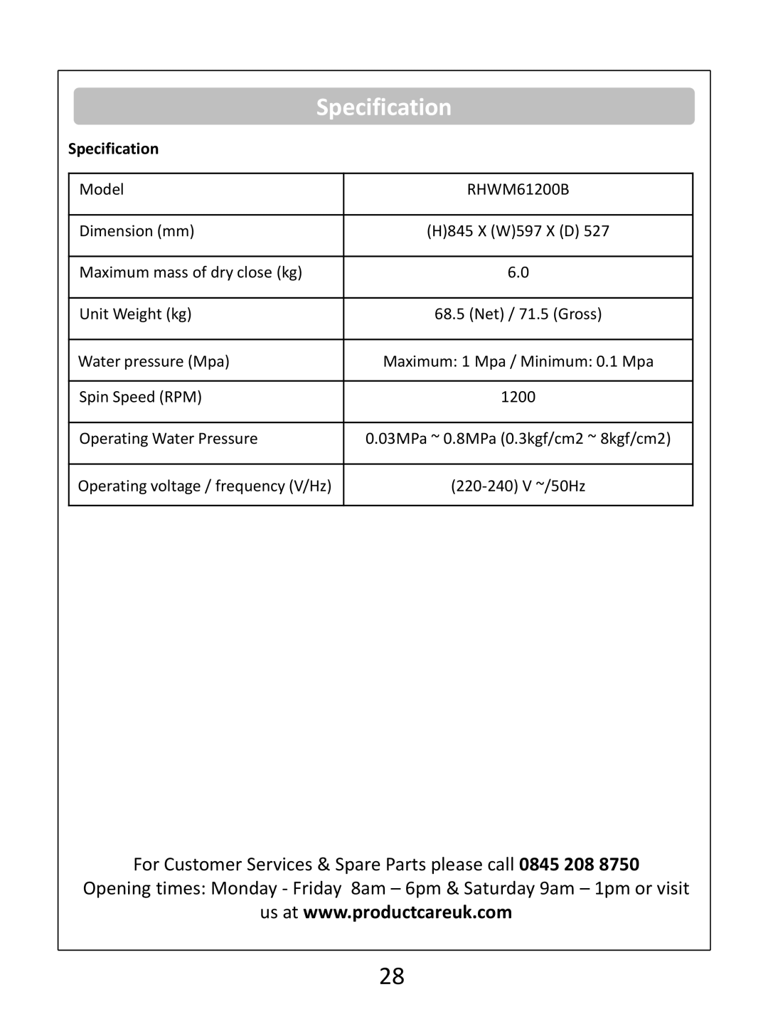 Russell Hobbs RHWM61200B instruction manual Specification 