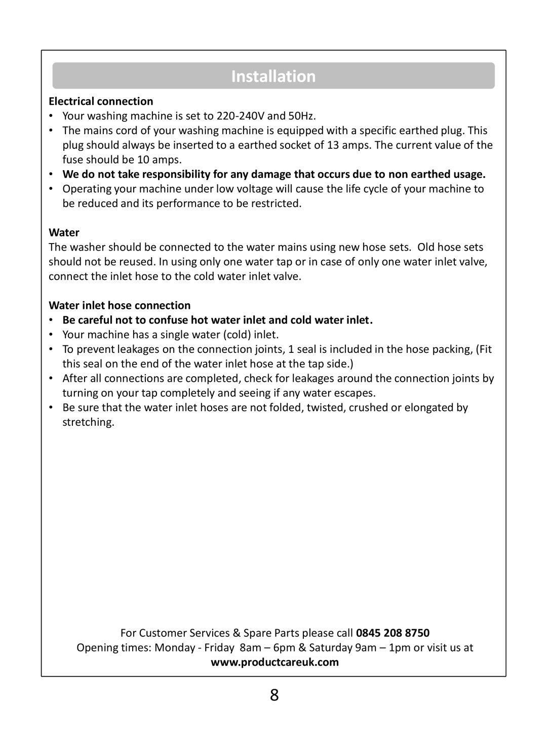 Russell Hobbs RHWM61200B instruction manual Electrical connection, Water 