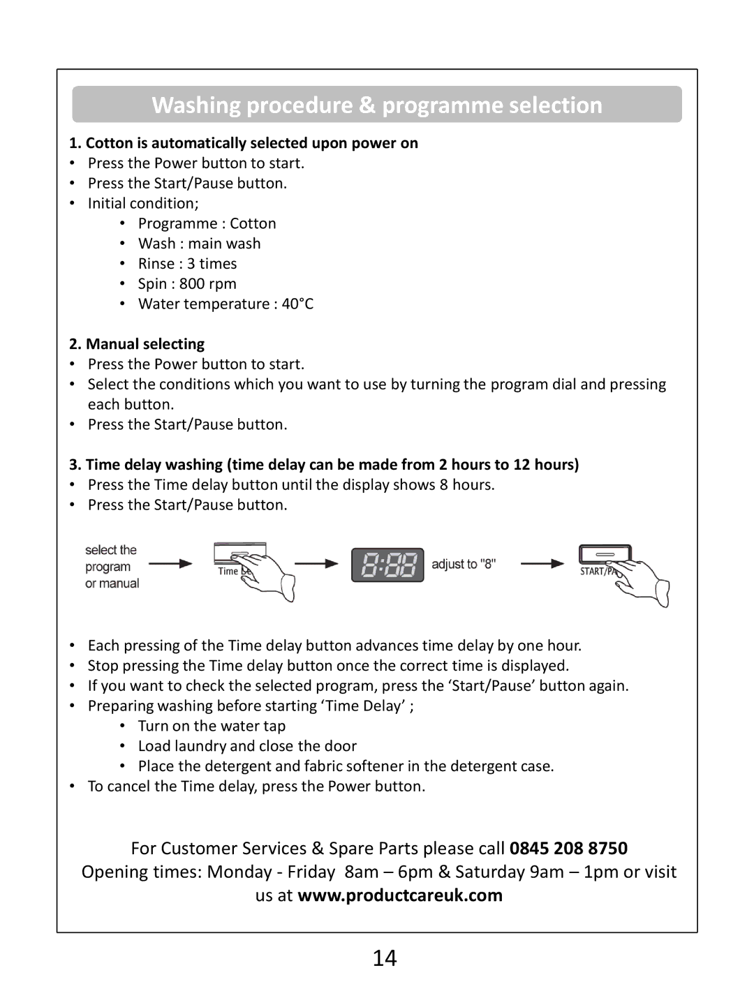 Russell Hobbs RHWM81400DIDB Washing procedure & programme selection, Cotton is automatically selected upon power on 