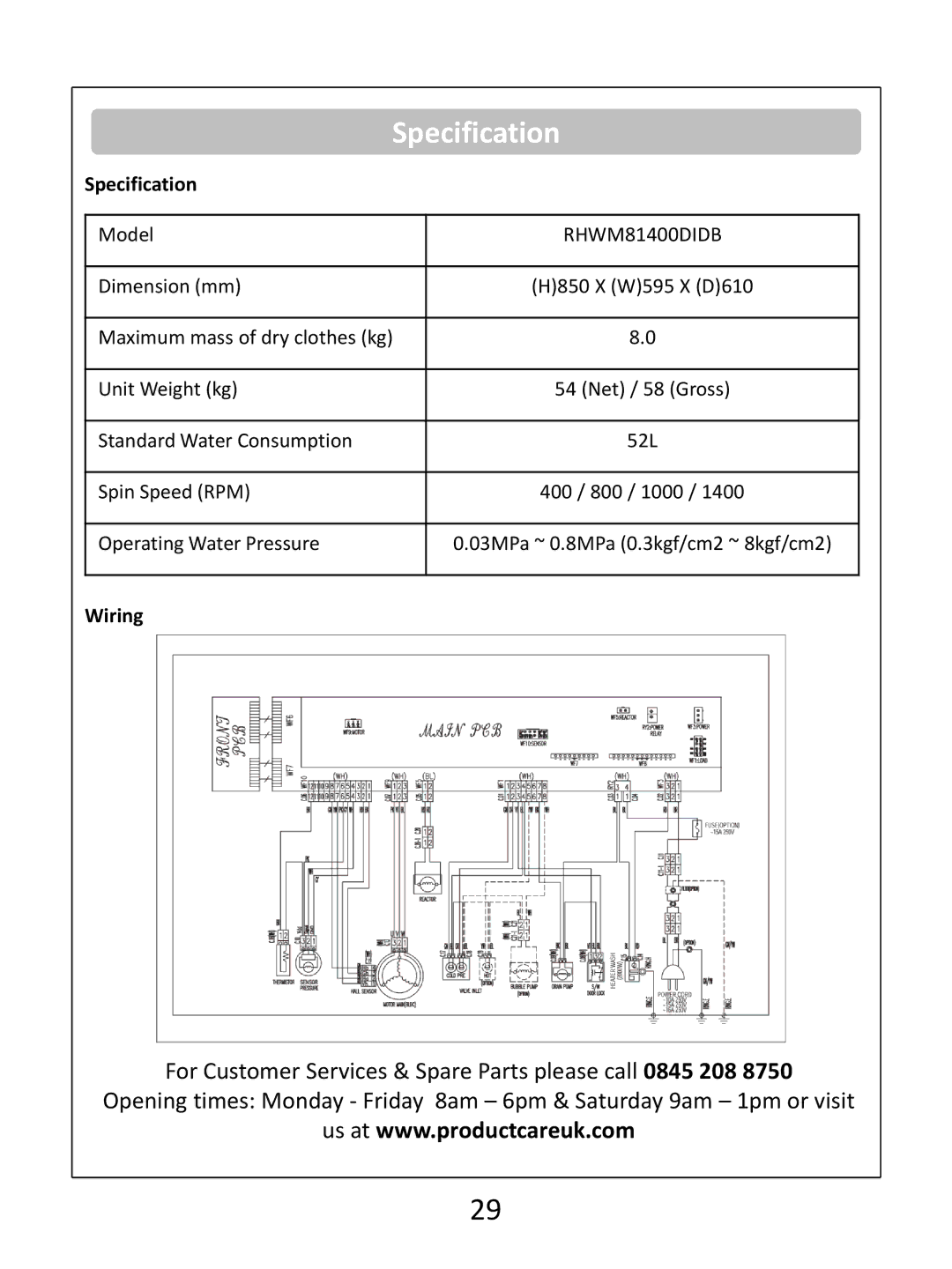 Russell Hobbs RHWM81400DIDB instruction manual Specification, Wiring 