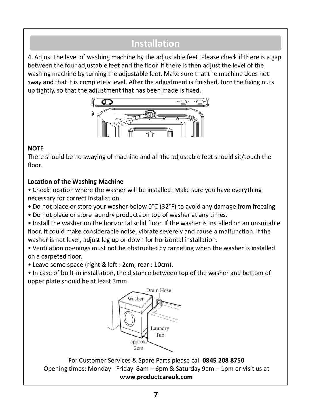 Russell Hobbs RHWM81400DIDB instruction manual Location of the Washing Machine 