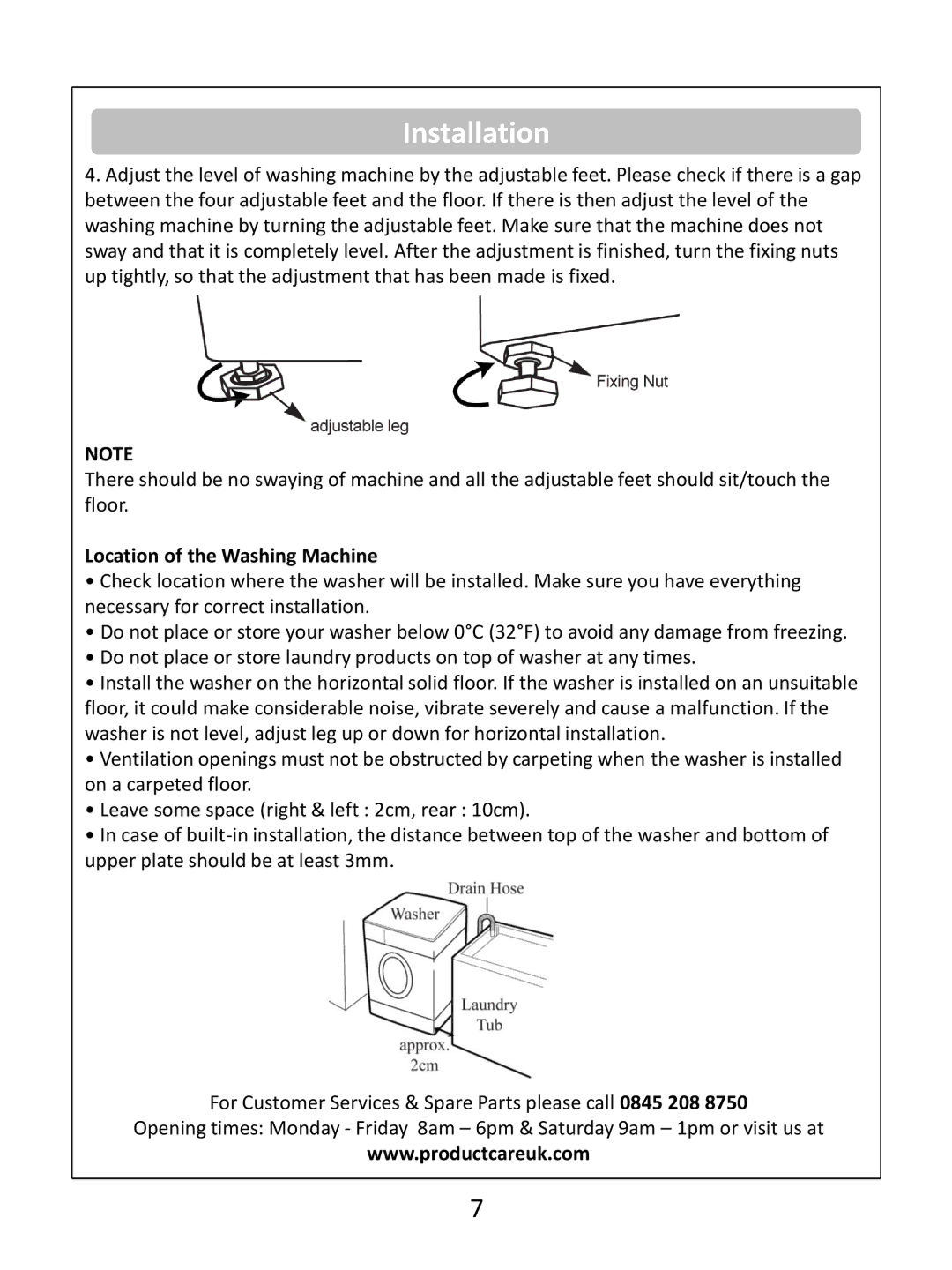 Russell Hobbs RHWM81400DIDW instruction manual Location of the Washing Machine 