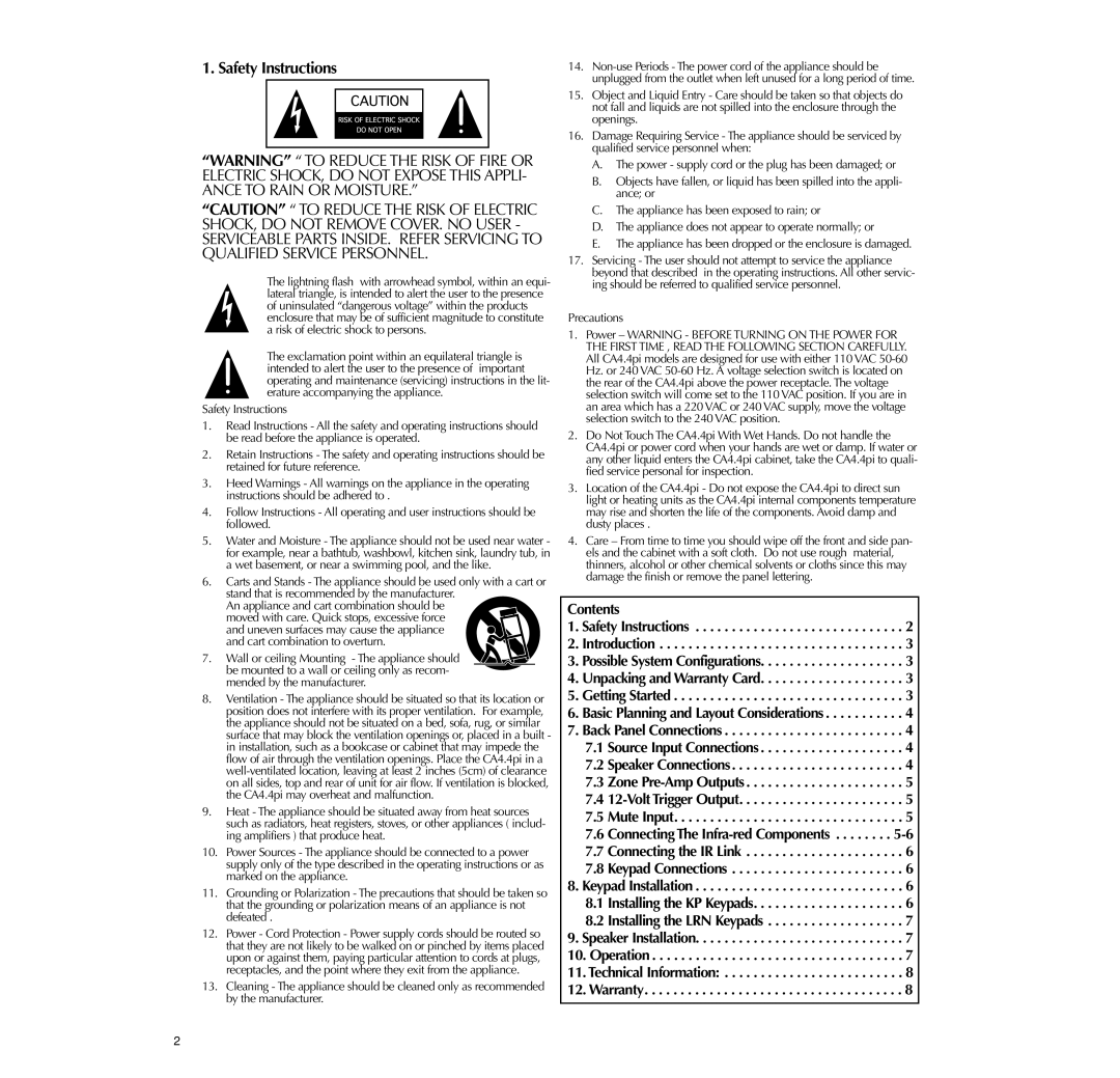 Russound 4-Zone, CA4.4pi instruction manual Safety Instructions, Contents 