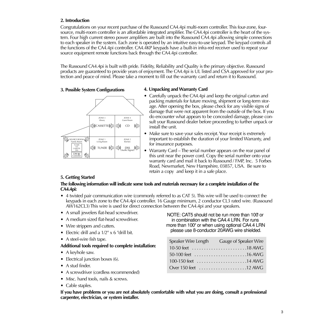 Russound CA4.4pi, 4-Zone Introduction, Possible System Configurations, Additional tools required to complete installation 