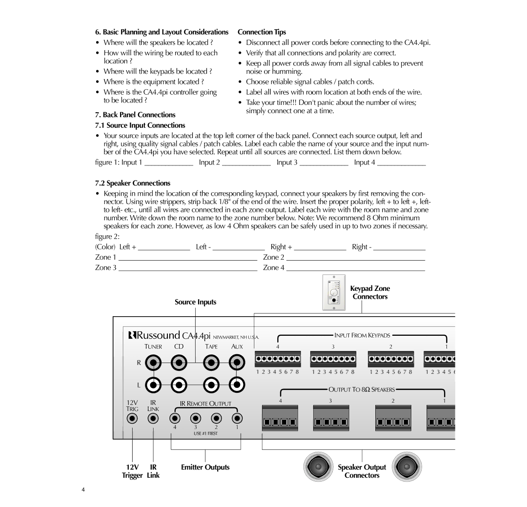 Russound 4-Zone, CA4.4pi Connection Tips, Speaker Connections, Source Inputs, Keypad Zone Connectors, Emitter Outputs 