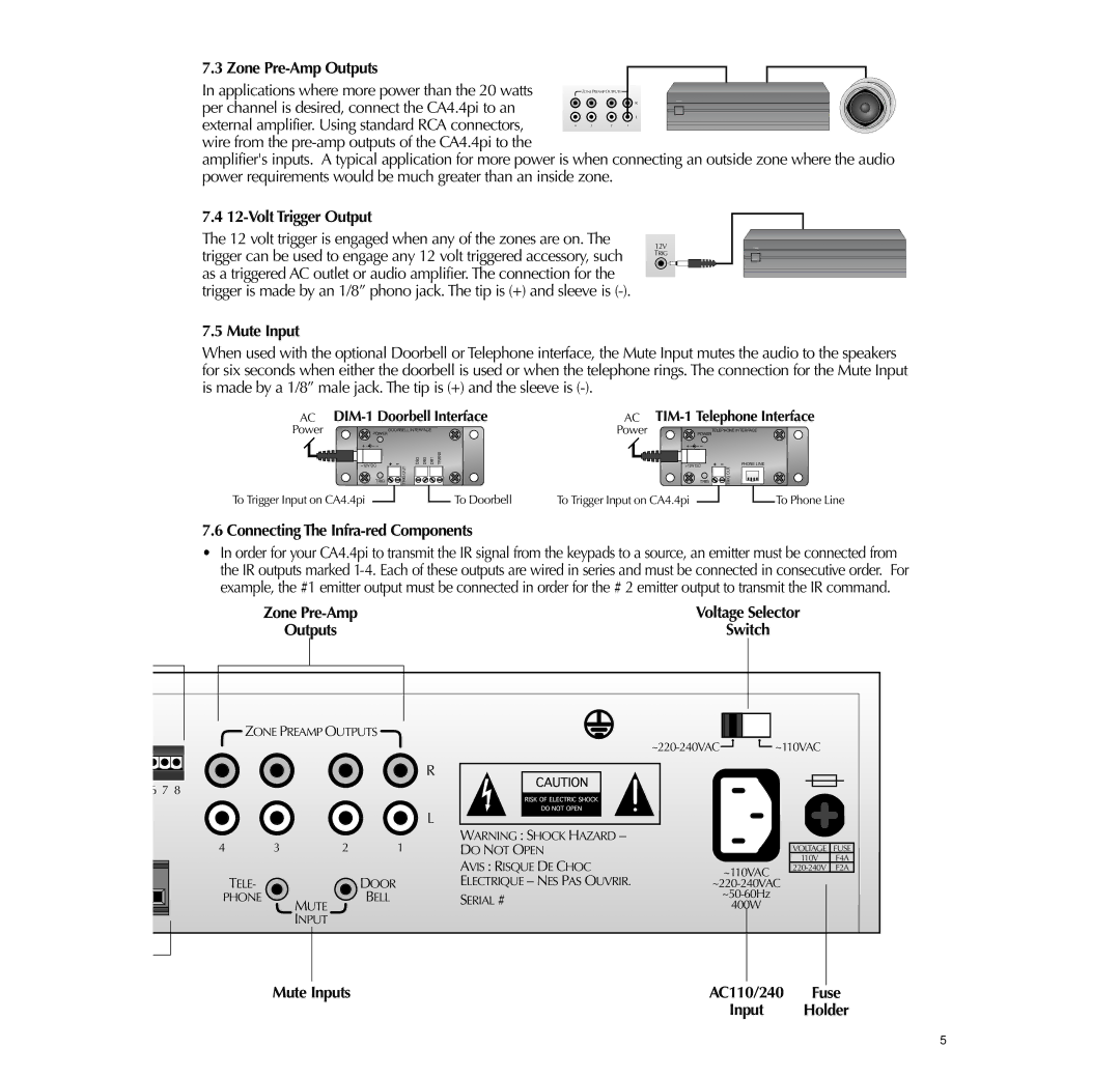 Russound CA4.4pi, 4-Zone Zone Pre-Amp Outputs, Volt Trigger Output, Connecting The Infra-red Components, Mute Inputs 