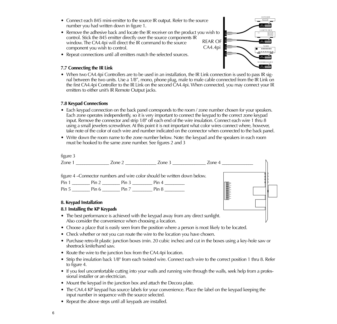 Russound 4-Zone, CA4.4pi Connecting the IR Link, Keypad Connections, Keypad Installation Installing the KP Keypads 