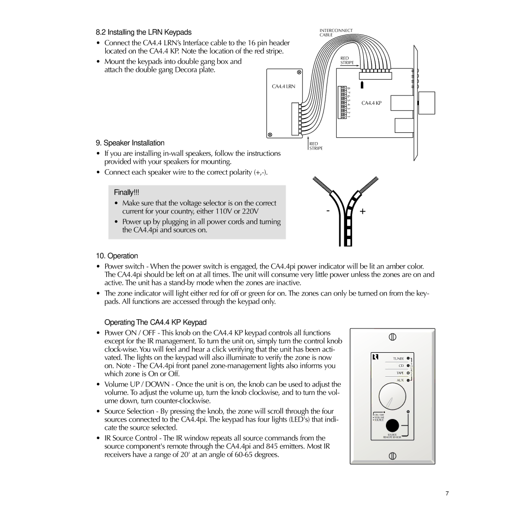 Russound CA4.4pi Installing the LRN Keypads, Speaker Installation, Finally, Operation, Operating The CA4.4 KP Keypad 