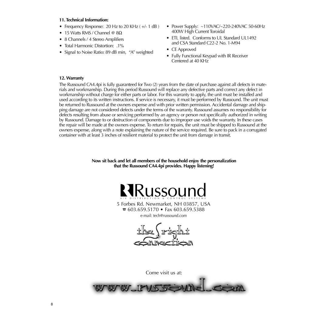 Russound 4-Zone, CA4.4pi instruction manual Technical Information, Warranty 