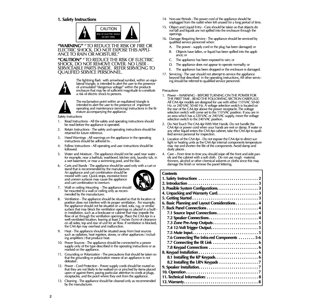 Russound 4-Zone, CA4.4pi instruction manual Safety Instructions, Contents 