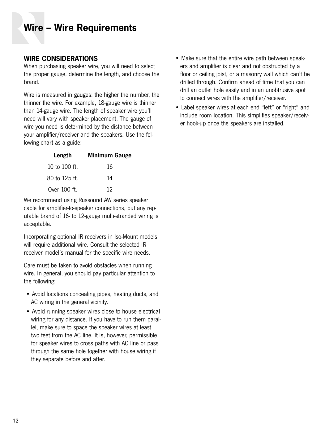 Russound Advantage Series owner manual Wire Wire Requirements, Wire Considerations 