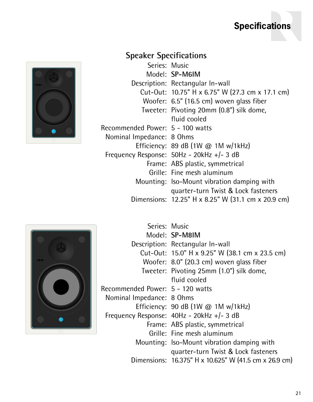 Russound Advantage Series owner manual Specifications Speaker Specifications 