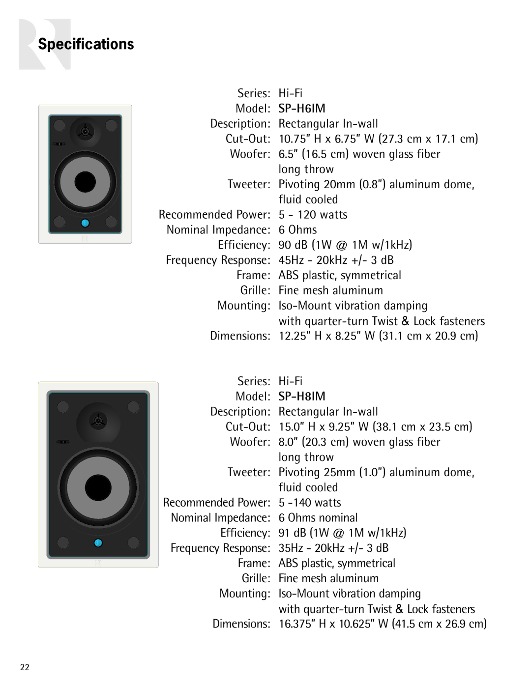 Russound Advantage Series owner manual Specifications, Recommended Power, Frequency Response 