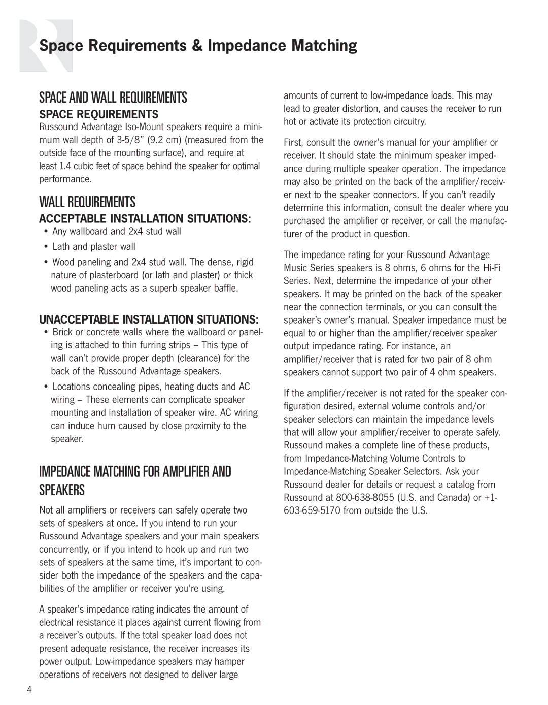 Russound Advantage Series Space Requirements & Impedance Matching, Wall Requirements, Acceptable Installation Situations 