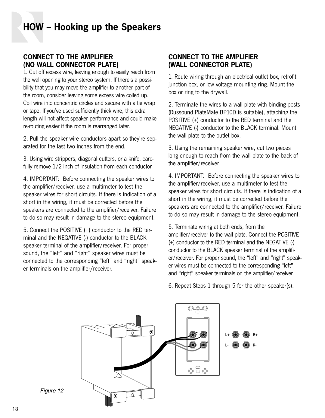 Russound Advantage Series owner manual HOW - Hooking up the Speakers, Connect To The Amplifier No Wall Connector Plate 