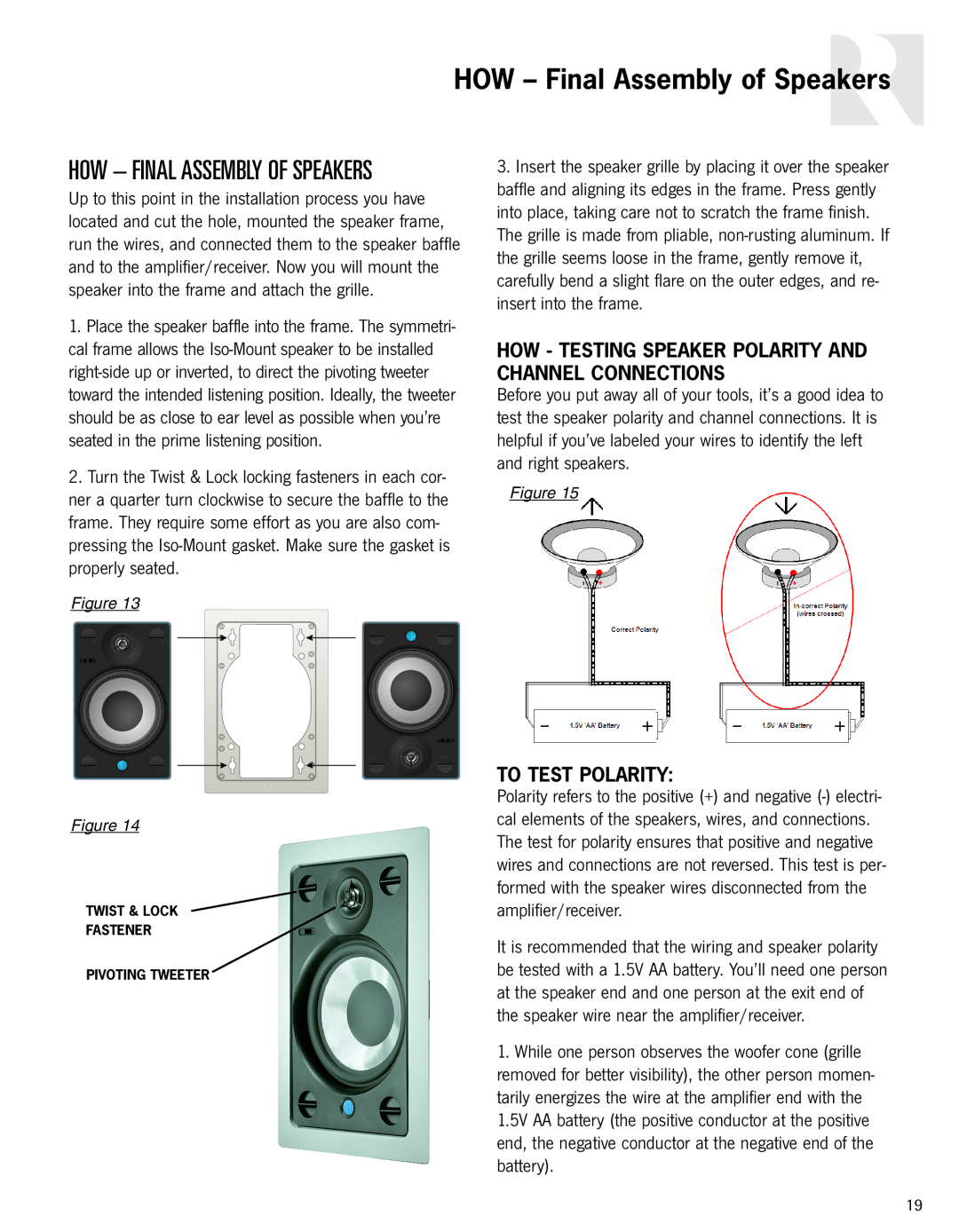 Russound Advantage Series owner manual HOW - Final Assembly of Speakers, How - Final Assembly Of Speakers, To Test Polarity 