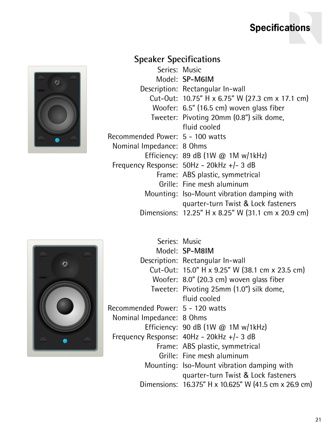 Russound Advantage Series owner manual Specifications Speaker Specifications 