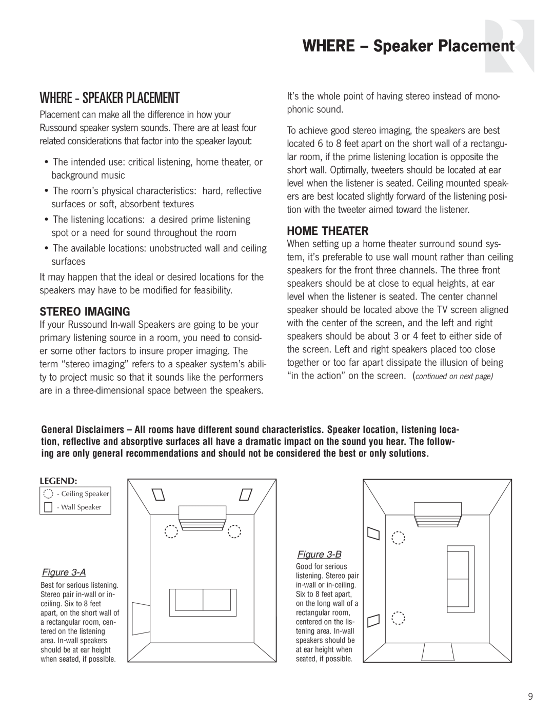 Russound Advantage Series owner manual WHERE - Speaker Placement, Where - Speaker Placement, Stereo Imaging, Home Theater 