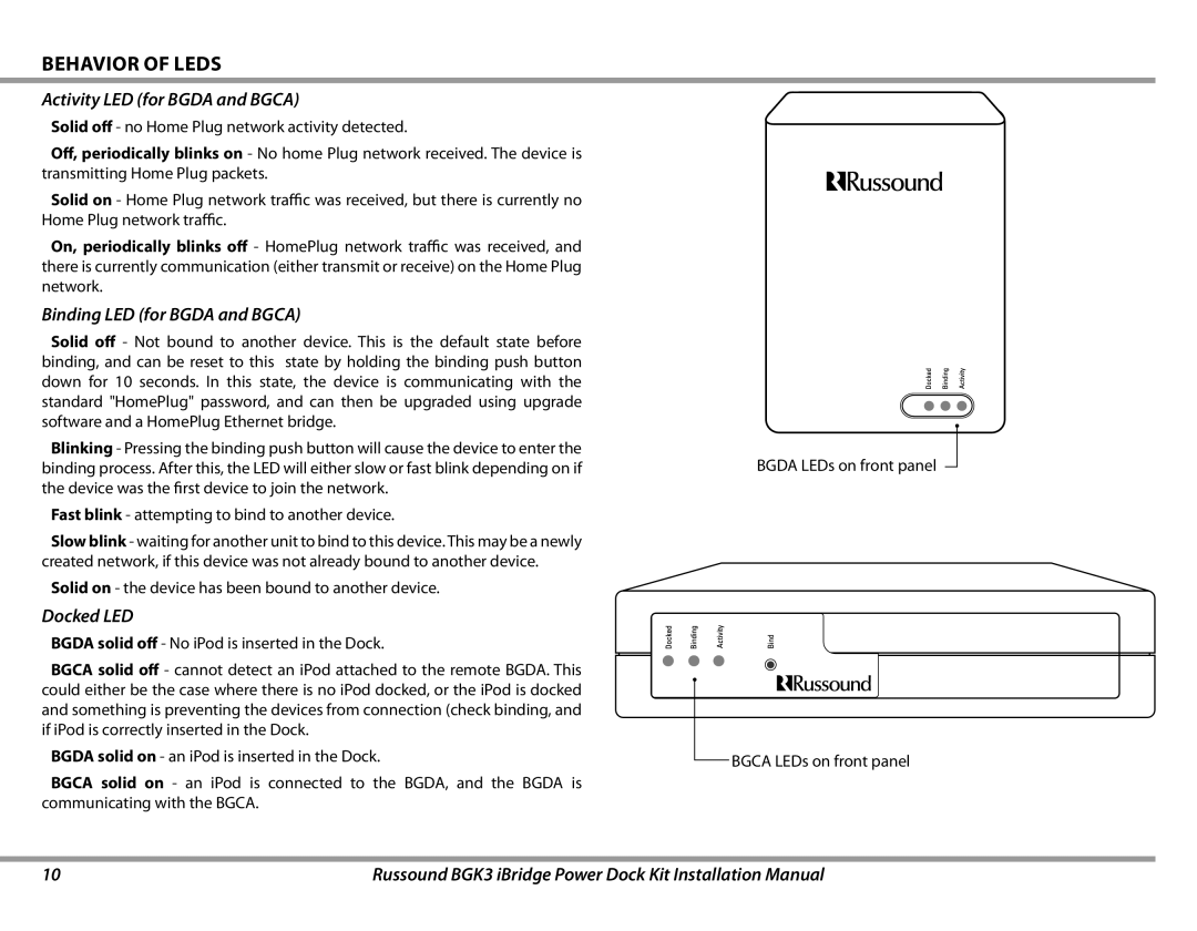 Russound BGK3 Behavior of Leds, Activity LED for Bgda and Bgca, Binding LED for Bgda and Bgca, Docked LED 