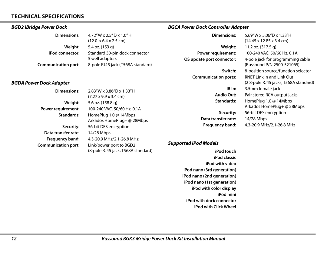 Russound BGK3 Technical Specifications, BGD2 iBridge Power Dock, Bgda Power Dock Adapter, Supported iPod Models 