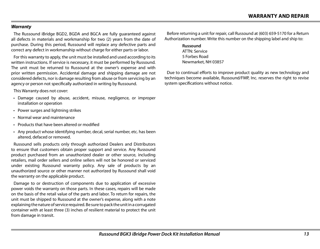 Russound BGK3 installation manual Warranty and Repair 