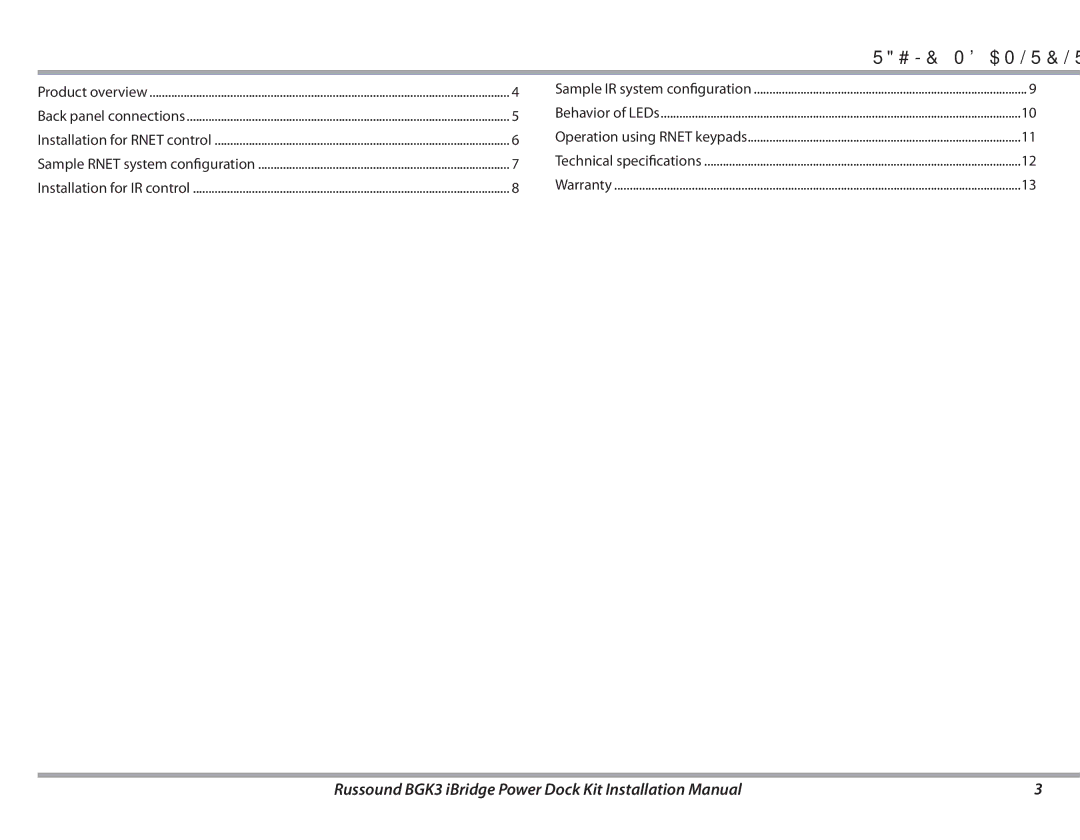 Russound BGK3 installation manual Table of Contents 