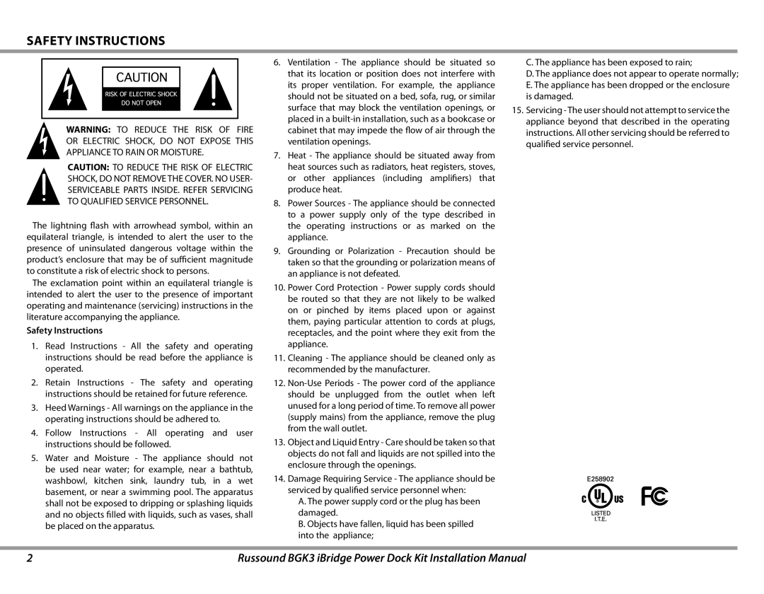 Russound BGK3 installation manual Safety Instructions 