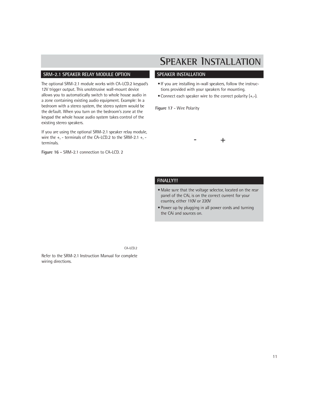 Russound CA 6.4i, CA-LCD.2, CA-KP.2 instruction manual Speaker Installation, SRM-2.1 Speaker Relay Module Option, Finally 