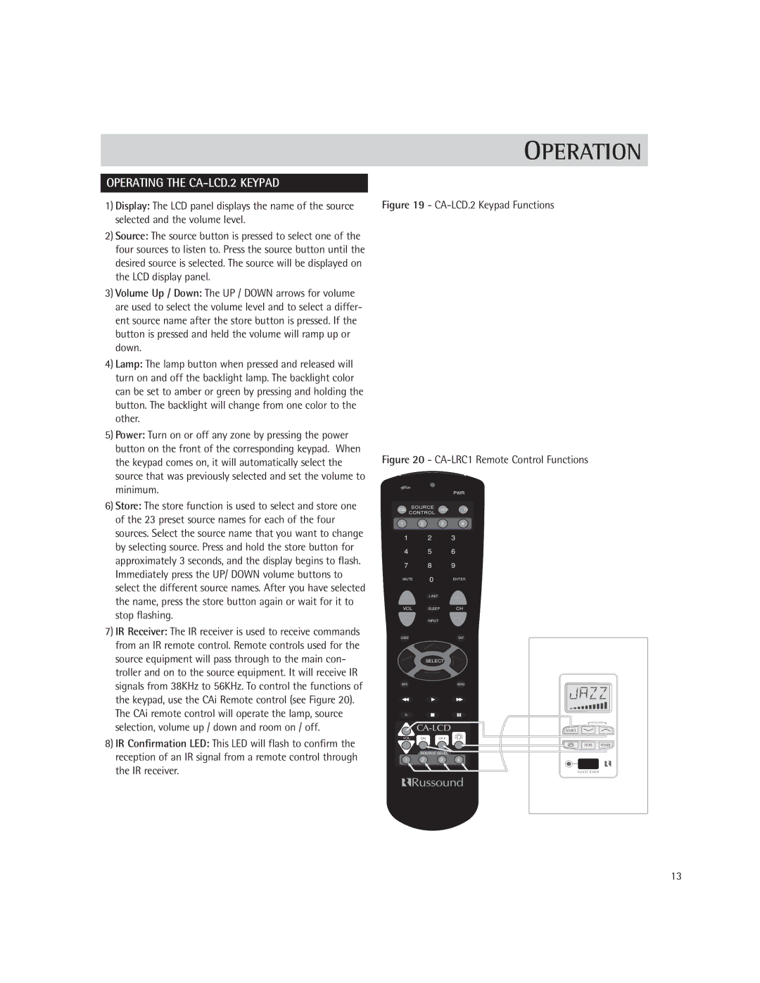 Russound CA-KP.2, CA 6.4i instruction manual Operating the CA-LCD.2 Keypad, CA-LCD.2 Keypad Functions 