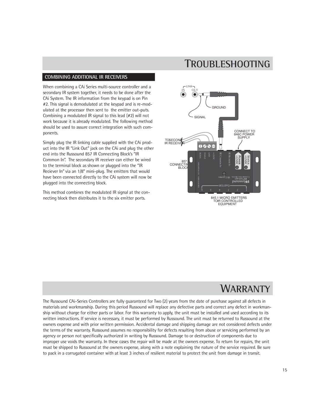 Russound CA-LCD.2, CA-KP.2, CA 6.4i instruction manual Warranty, Combining Additional IR Receivers 