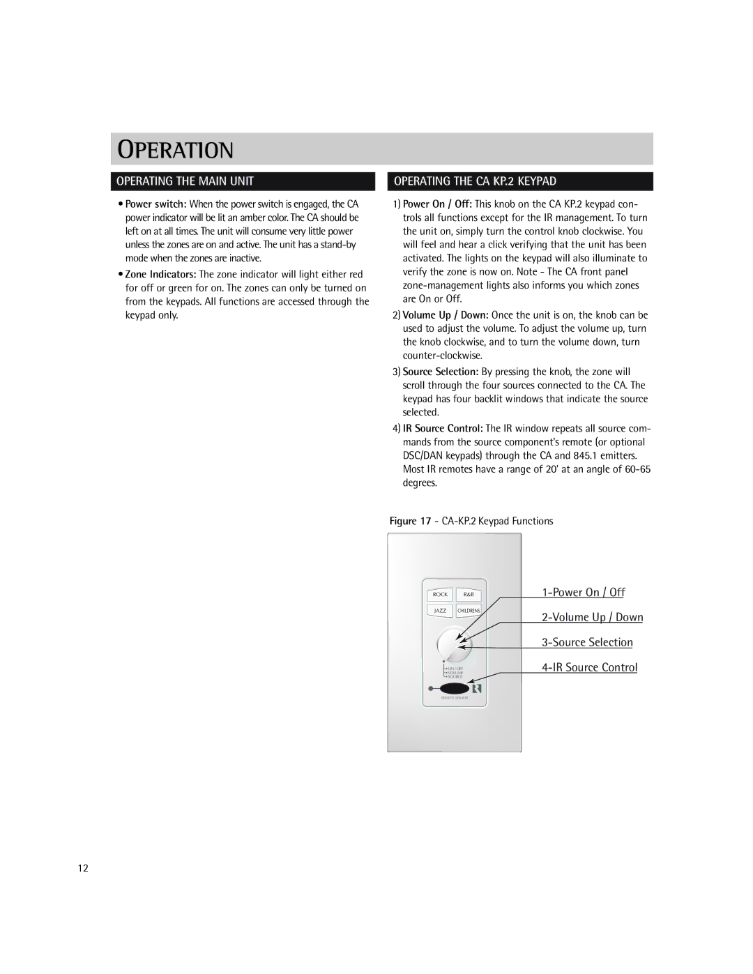 Russound CA-Series instruction manual Operation, Operating the Main Unit, Operating the CA KP.2 Keypad 