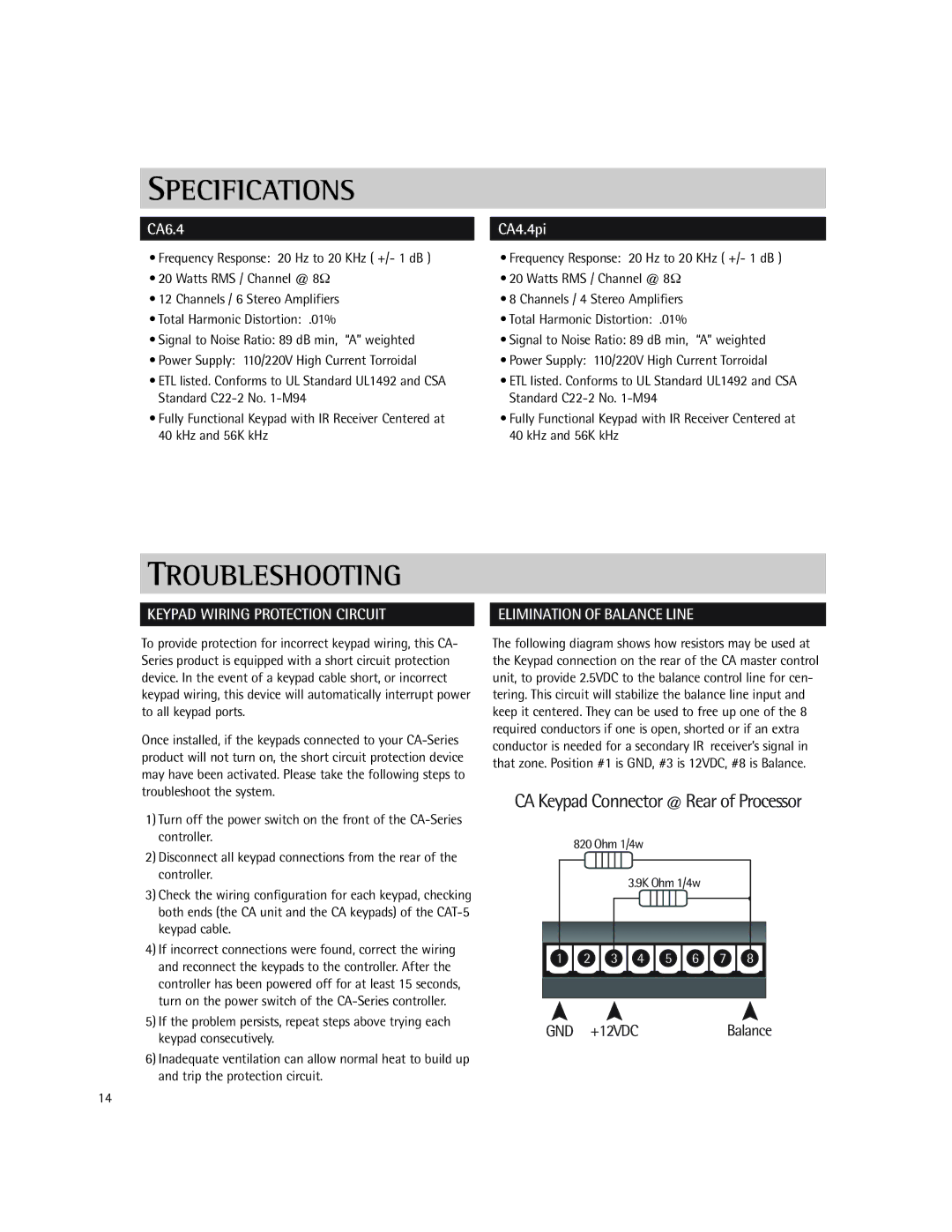 Russound CA-Series Specifications, Troubleshooting, Keypad Wiring Protection Circuit, Elimination of Balance Line 