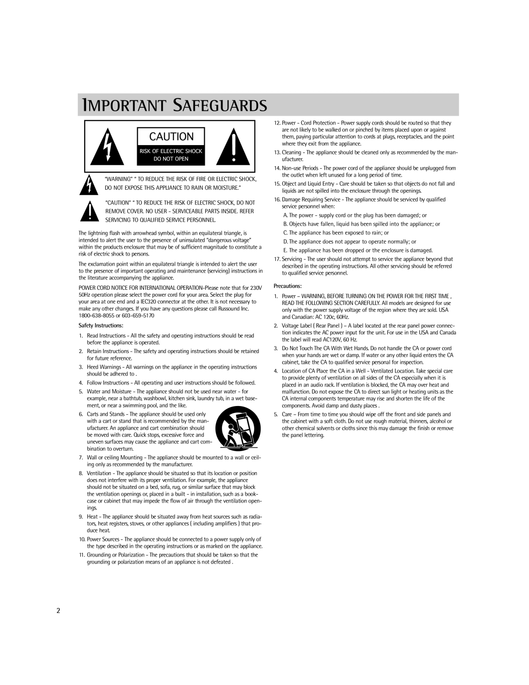 Russound CA-Series instruction manual Important Safeguards 