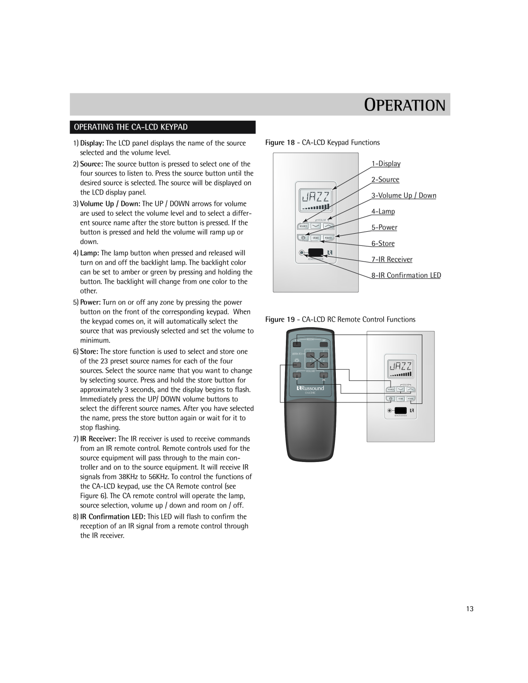 Russound CA-Series instruction manual Operation, Operating The Ca-Lcdkeypad 