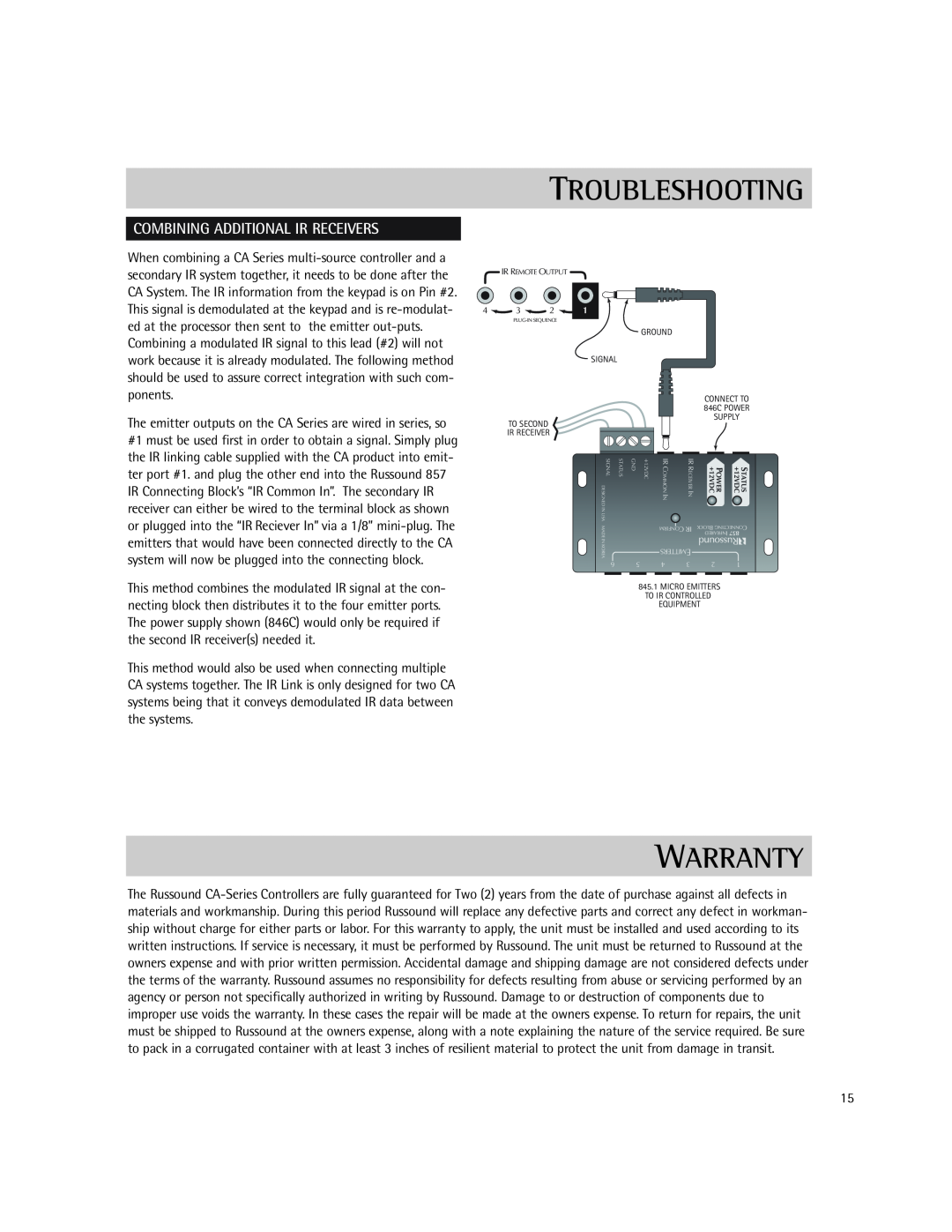 Russound CA-Series instruction manual Warranty, Troubleshooting, Combining Additional Ir Receivers 
