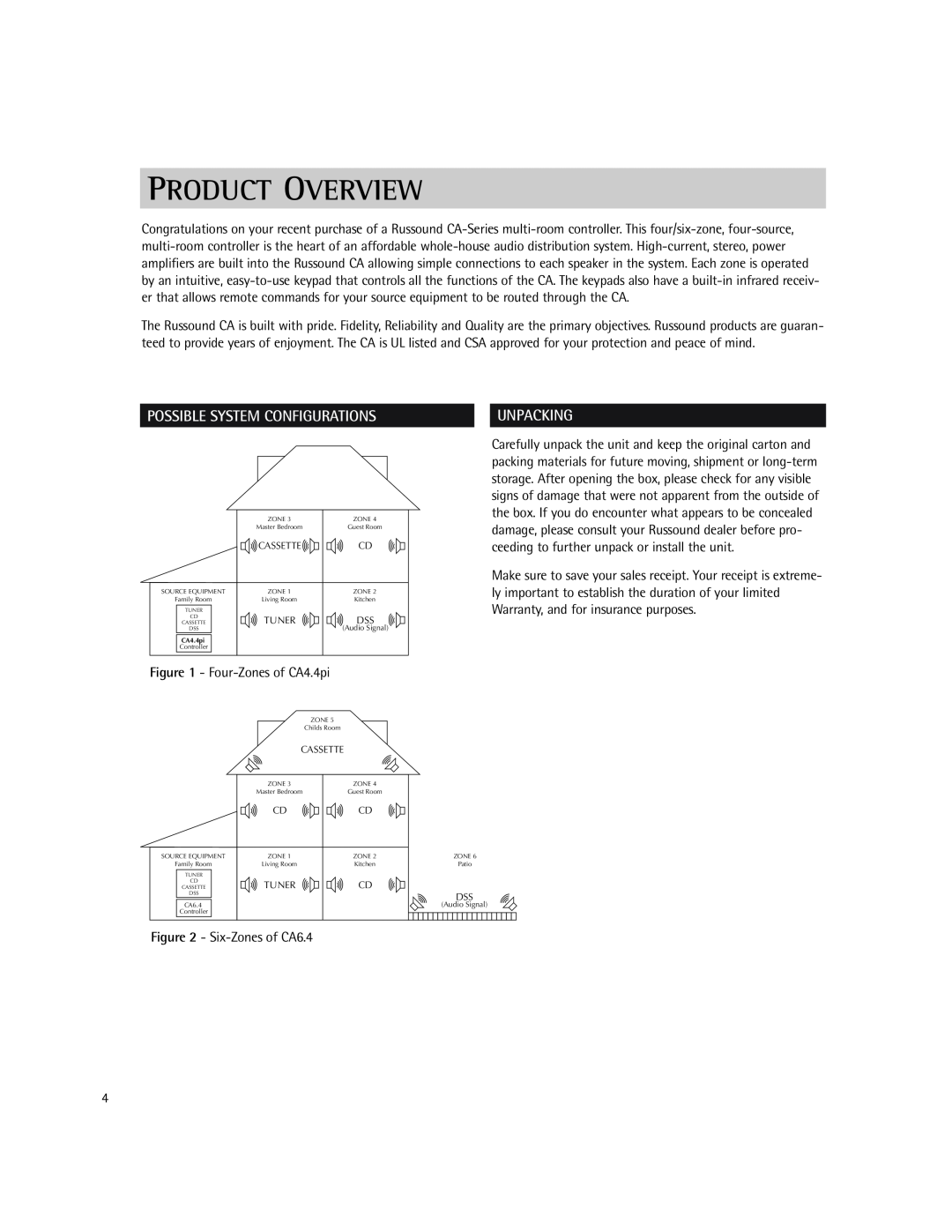 Russound CA-Series instruction manual Product Overview, Possible System Configurations, Unpacking 