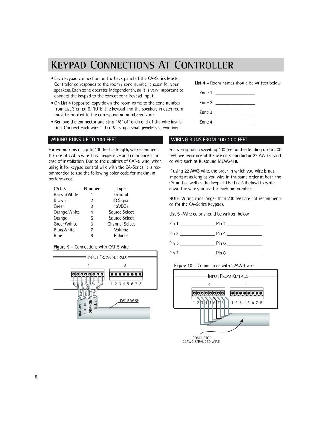 Russound CA-Series instruction manual Keypad Connections At Controller, WIRING RUNS UP TO 100 FEET 
