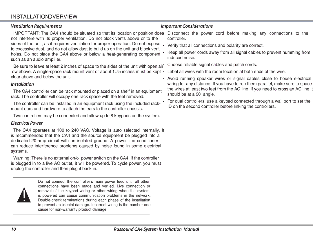 Russound CA4 Installation Overview, Ventilation Requirements, Electrical Power, Important Considerations 