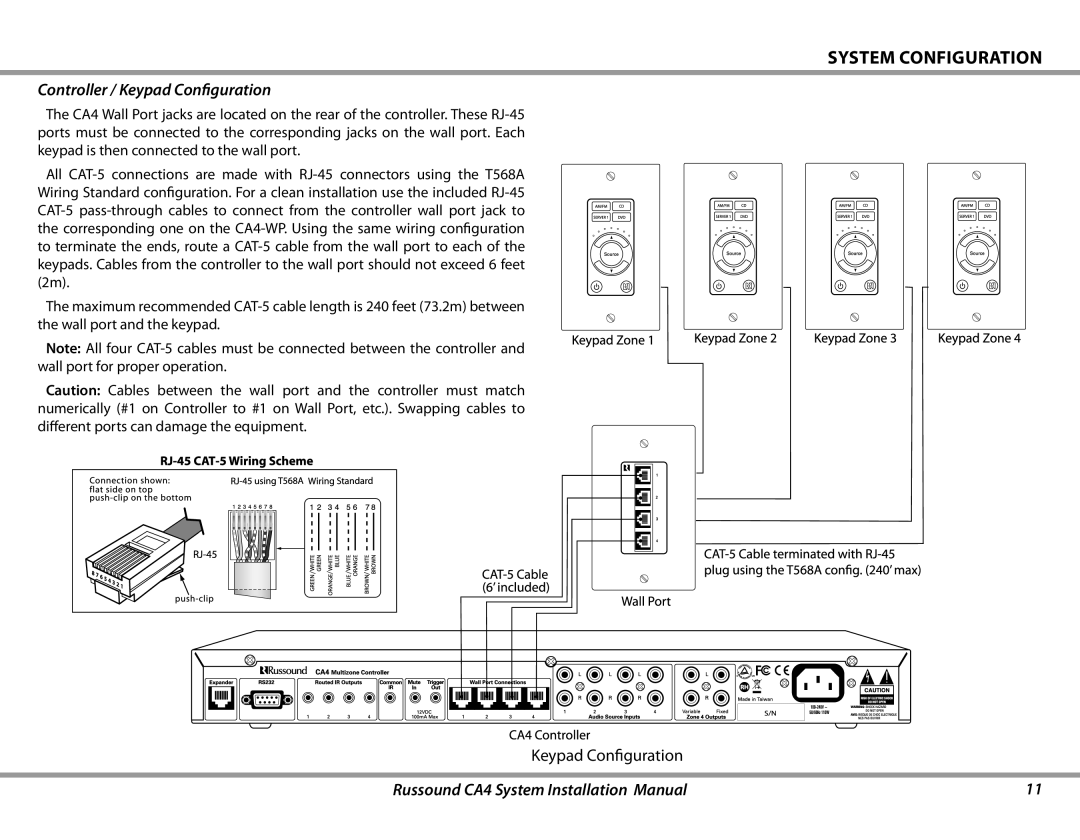 Russound CA4 installation manual System configuration, Controller / Keypad Configuration 