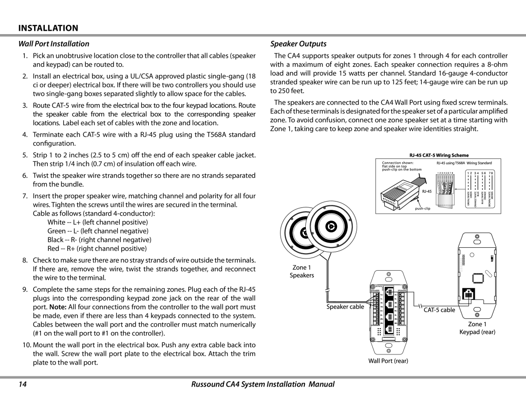 Russound CA4 installation manual Wall Port Installation, Speaker Outputs 