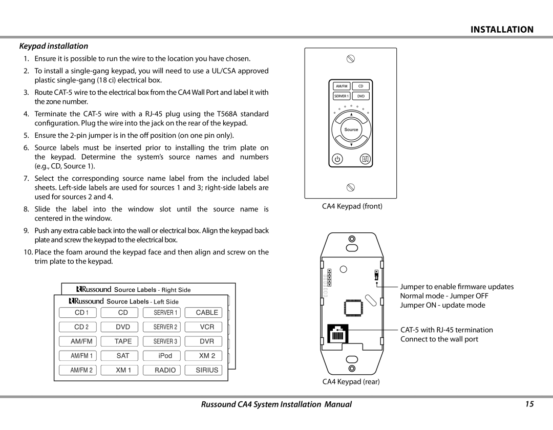 Russound CA4 installation manual Keypad installation 