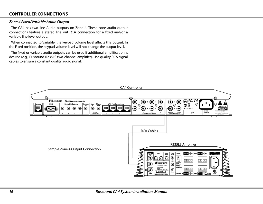 Russound CA4 installation manual Controller Connections, Zone 4 Fixed/Variable Audio Output 